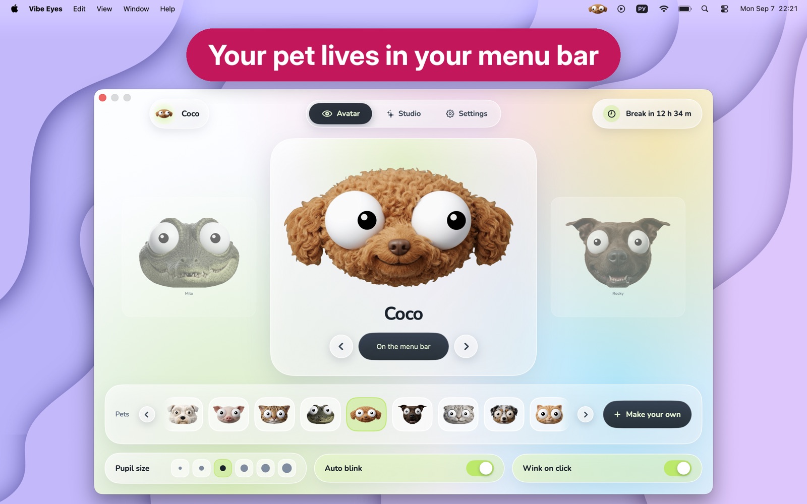 The Vibe Eyes window with Coco the poodle selected, and Coco's face sitting in the macOS menu bar at the top of the screen.