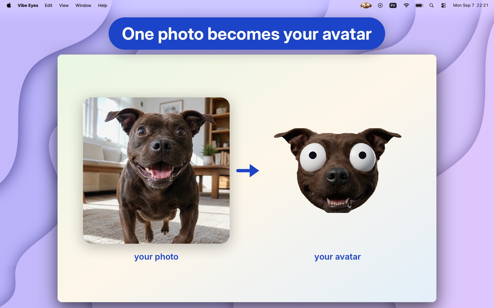 A photo of a brown dog beside the avatar generated from it, with wide tracking eyes.